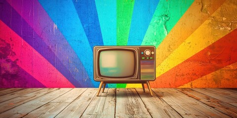 Television is sitting on a wooden floor in front of a colorful wall