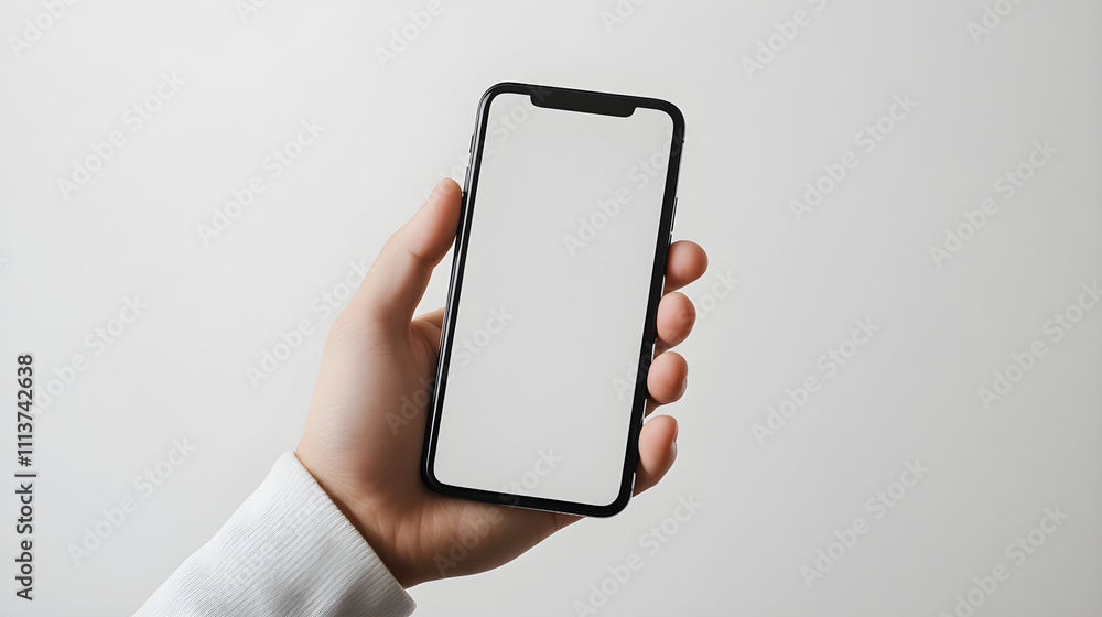 Aufkleber hand holding a smartphone in portrait mode with the screen turned on, displaying a blank app interfa