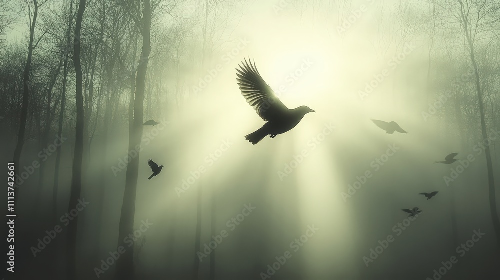 Aufkleber majestic birds in ethereal forest light with rushing rays through misty trees creating a serene and 