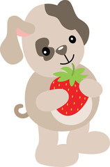 Friendly puppy holding a red strawberry