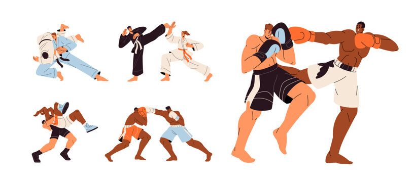 Martial arts set. Fighters wrestling, hit, kick at battle. Sportsmen do boxing, kickboxing, karate, judo. Wrestlers, boxers are at fight competition. Flat isolated vector illustrations on white