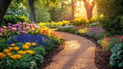 Fototapeta premium Sunlit garden path winding through vibrant spring tulips and flowers.