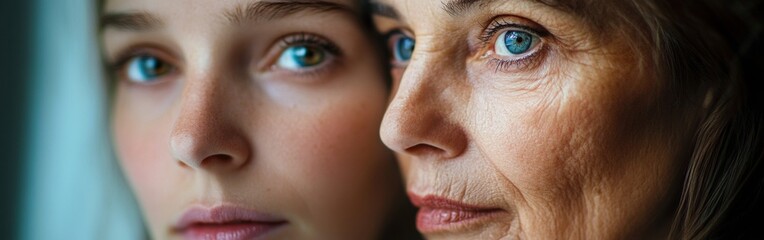 Portrait of two women showcasing generational beauty, intimate connection, and striking blue eyes