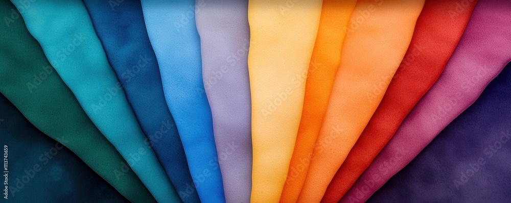 Poster a vibrant display of folded fabrics in a spectrum of colors, showcasing various textures and hues in