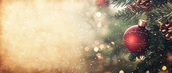 Vintage Christmas postcard style background with classic ornaments, soft bokeh lights, and a prominent empty text area for personalized messages