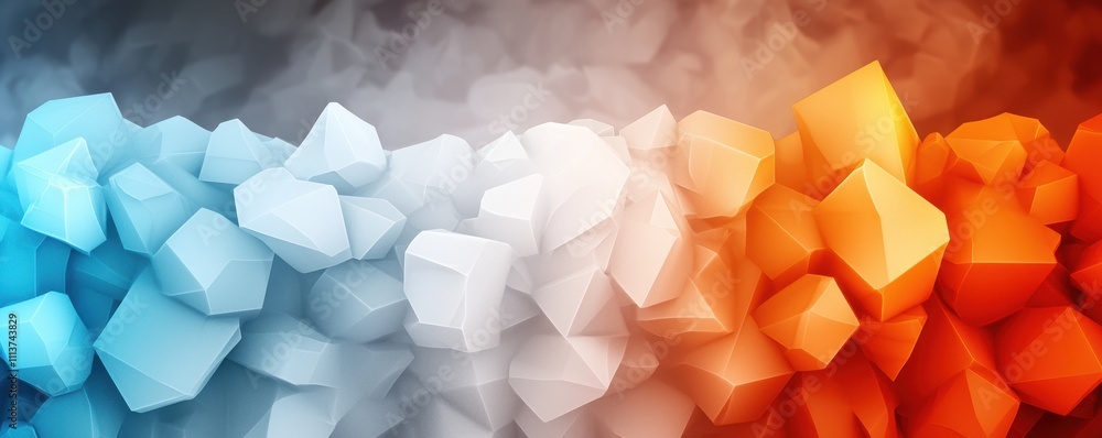 Poster a vibrant, abstract design featuring colorful cubic shapes in blue, white, and orange, creating a dy