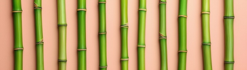 Obraz premium Vertical green bamboo stalks aligned against a soft pink background, showcasing their natural texture and vibrant color.