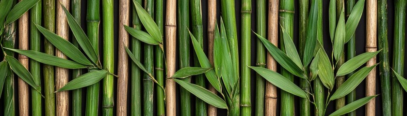 Obraz premium A vibrant array of bamboo stalks and leaves, showcasing their natural green hues and textures in a harmonious, lush pattern.