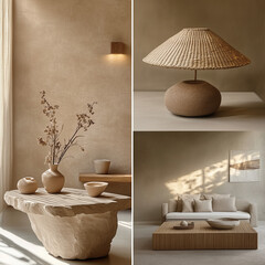 make a mood board for earthy minimal spa reception interiors, having earthy color pallette, natural elements like rattan lamp, wooden or stone reception table, simple wood couch, natural material 