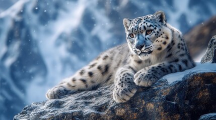Fototapeta premium A majestic snow leopard resting on a rocky ledge in the Himalayas