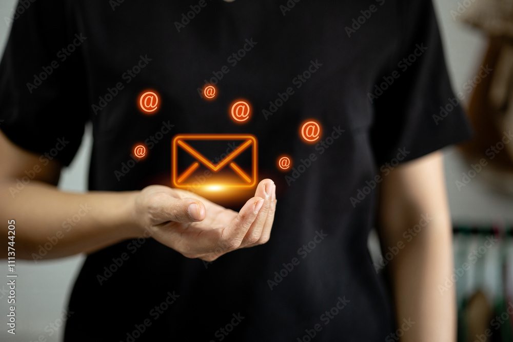 Poster a glowing email icon surrounded by @ highlighting communication and connectivity.