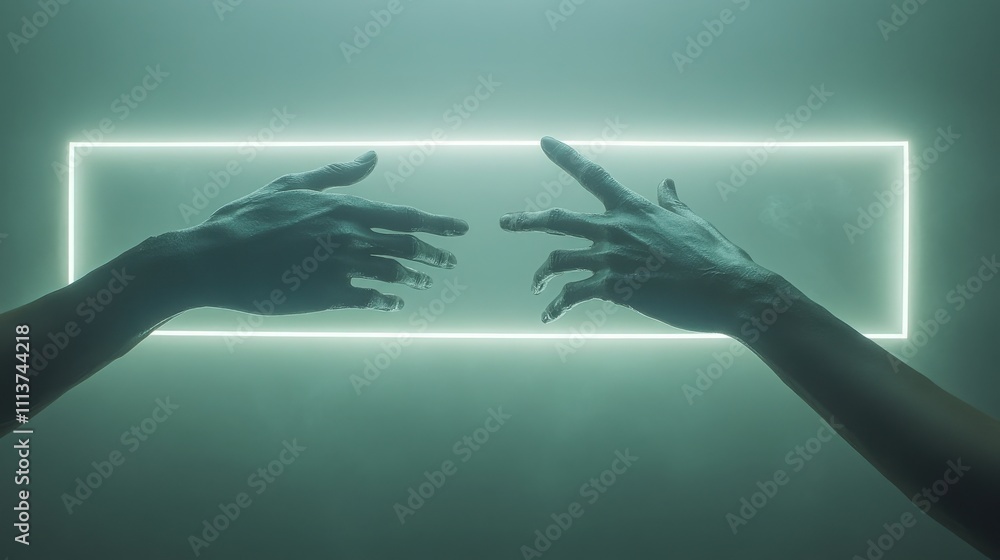 Poster Two hands reaching towards a glowing rectangular frame in a misty atmosphere, symbolizing connection, interaction, and the human experience in a surreal setting