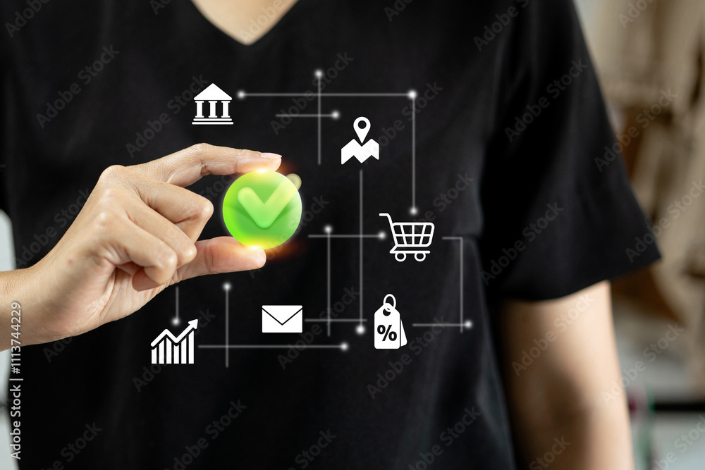 Poster a person presenting a digital network with a green checkmark, indicating system approval or completi