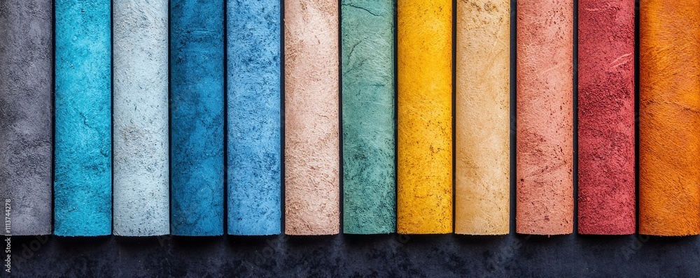 Poster a vibrant array of textured, colorful surfaces arranged in a horizontal line, showcasing a palette o