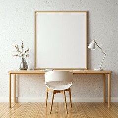 A minimalist home office with a blank frame, desk, chair, and lamp against a textured wall.
