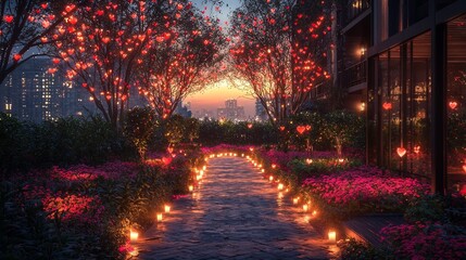 Obraz premium A beautifully illuminated garden path adorned with heart decorations and candles creating a romantic atmosphere at dusk.