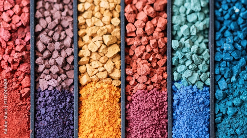 Poster vibrant pigments of various colors arranged in neat rows, showcasing a spectrum of textures and hues