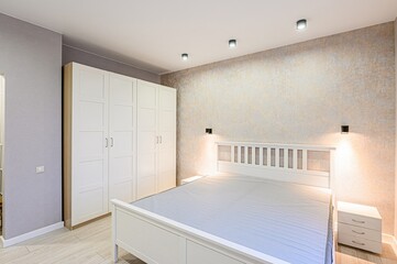 interior room apartment bedroom with bed, cozy place to sleep and relax