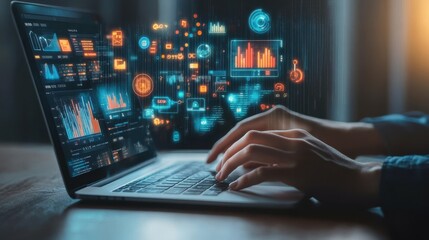 Laptop screen displays data analytics. Illustrates data analysis, business insights, and technology.