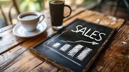 A chalkboard displaying "SALES" with a growth chart, accompanied by two cups of coffee on a rustic wooden table.