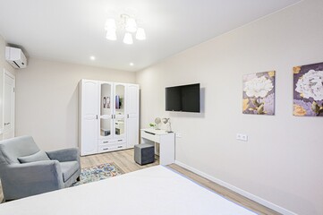 interior room apartment bedroom with bed, cozy place to sleep and relax