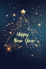 Golden christmas tree and decorations wishing happy new year on a black background, perfect for holiday greetings, vertical