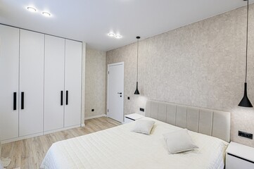 interior room apartment bedroom with bed, cozy place to sleep and relax