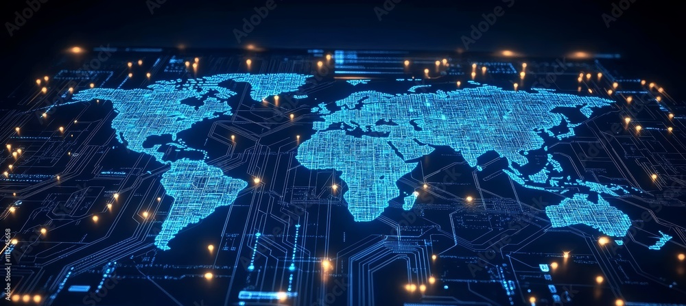 Poster Digital world global map. Internet network telecom and communication. Generative AI technology.	
