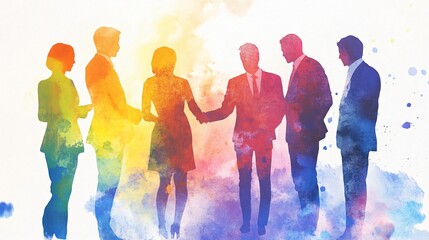 A Vibrant Watercolor Depiction of a Business Team United in Collaboration and Partnership