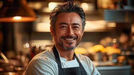 Fototapeta premium Smiling Asian Middle-Aged Man in Apron Standing in Modern Kitchen with Warm Lighting
