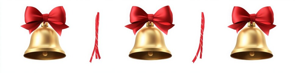 3D realistic golden bells with a red bow, isolated on a white background, shown from different angles