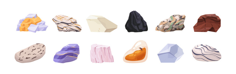 Fototapeta premium Set of various stones, gemstones. Patterned rocks, minerals, gems, fossils with different shapes. Smooth and rough amber, granite, marble, calcite, coal. Flat isolated vector illustrations on white