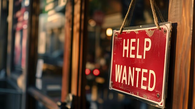 A vintage "Help Wanted" sign hanging in a shop window, indicating job openings and inviting applicants for employment.