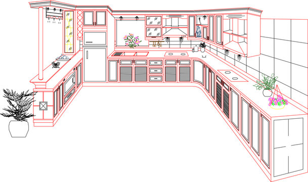 vector sketch, silhouette illustration, kitchen interior detail design, kitchen set, Neoclassical Style, vintage ethnic