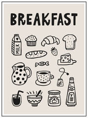 Breakfast food and drink interior poster 3x4. Hand drawn vector set with tasty elements. Doodle illustration