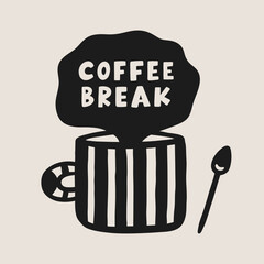 Coffee break card with doodle graphic element. Hand drawn illustration. A cup of coffee vector illustration.