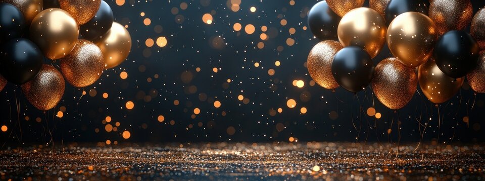 Birthday Party Background with Gold Balloons and Elegant Black Decor for Celebration and Invitation