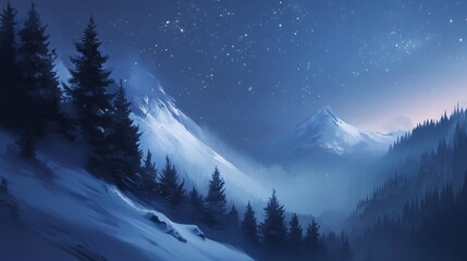 Snowy mountain range at night under a starry sky.