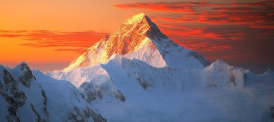 Snow ice mountain peak landscape at sunrise or sunset scene. Generative AI technology.	
