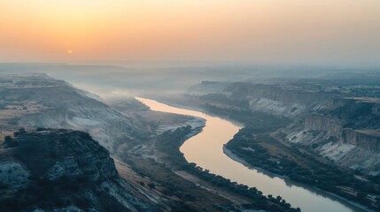 Sunrise Over River Valley Scenic Landscape