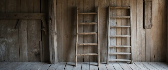 A rustic wooden ladder leaning against an old barn wall, showcasing timeless charm