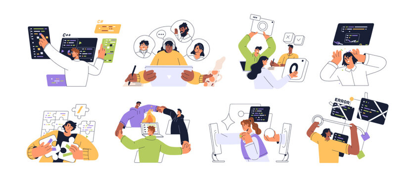 Web development processes concept set. Programmers work with bugs in code. Coders programming, testing on computer. Team communicates online by video call. Flat isolated vector illustrations on white