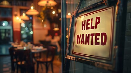 A "Help Wanted" sign is displayed in a cozy restaurant setting, indicating job openings amidst warm lighting and a welcoming atmosphere.