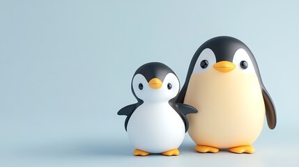 Fototapeta premium A 3D rendered cartoon penguin stands next to a smaller penguin on a blue background.
