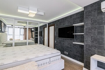 interior room apartment bedroom with bed, cozy place to sleep and relax