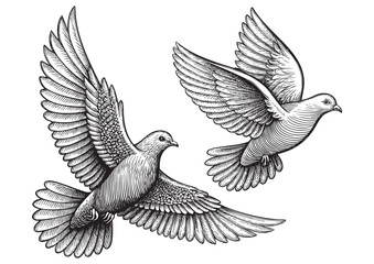 Obraz premium two flying doves engraving vector illustration