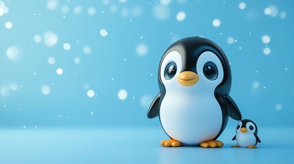 A cartoon penguin stands next to a smaller penguin on a blue background with bokeh effect.