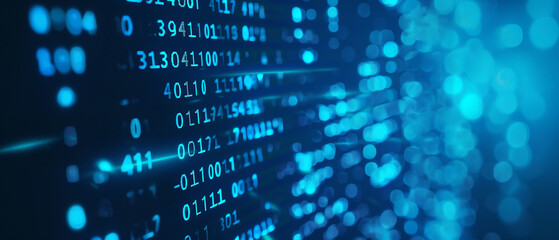 Streams of glowing blue data flow across a dark digital background.
