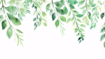 Herbal Minimalist Banner: Hand-painted vector banner with plants, branches, and leaves on a white background. Greenery wedding simple horizontal template in watercolor style. 