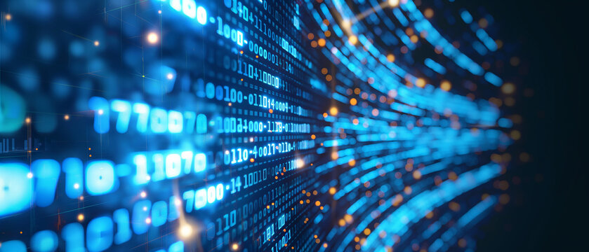 Streams of binary code flow through a dark digital landscape.
